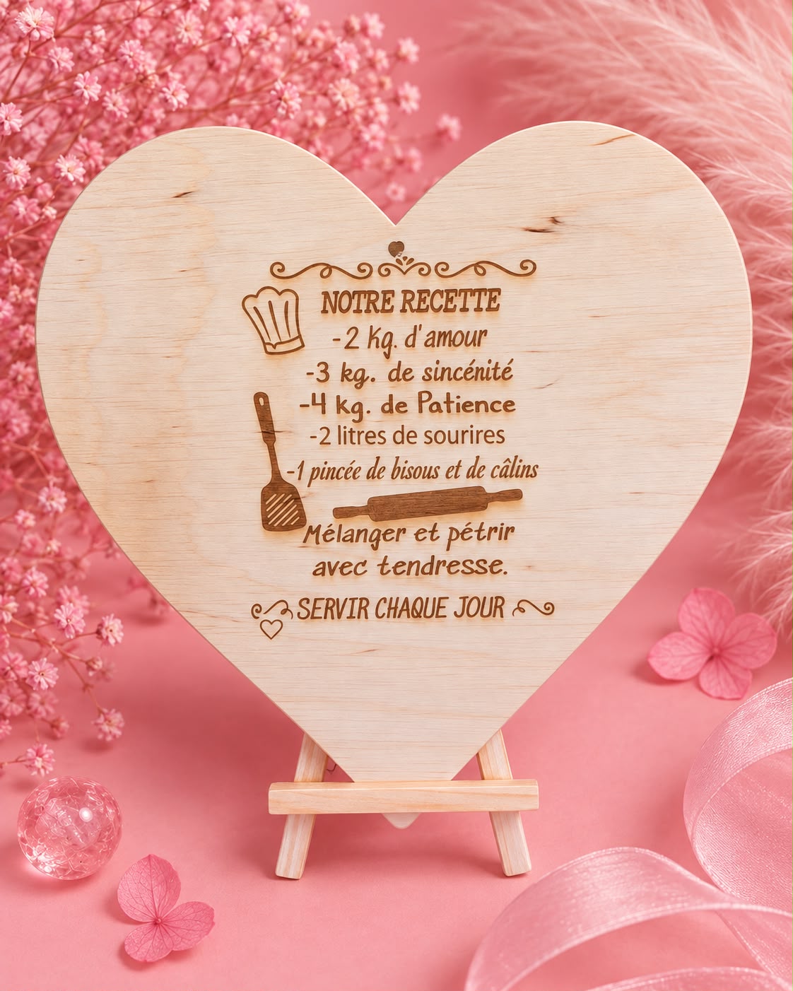 🌸Plaque cœur en bois gravée “Notre recette” – Décoration artisanale🌸