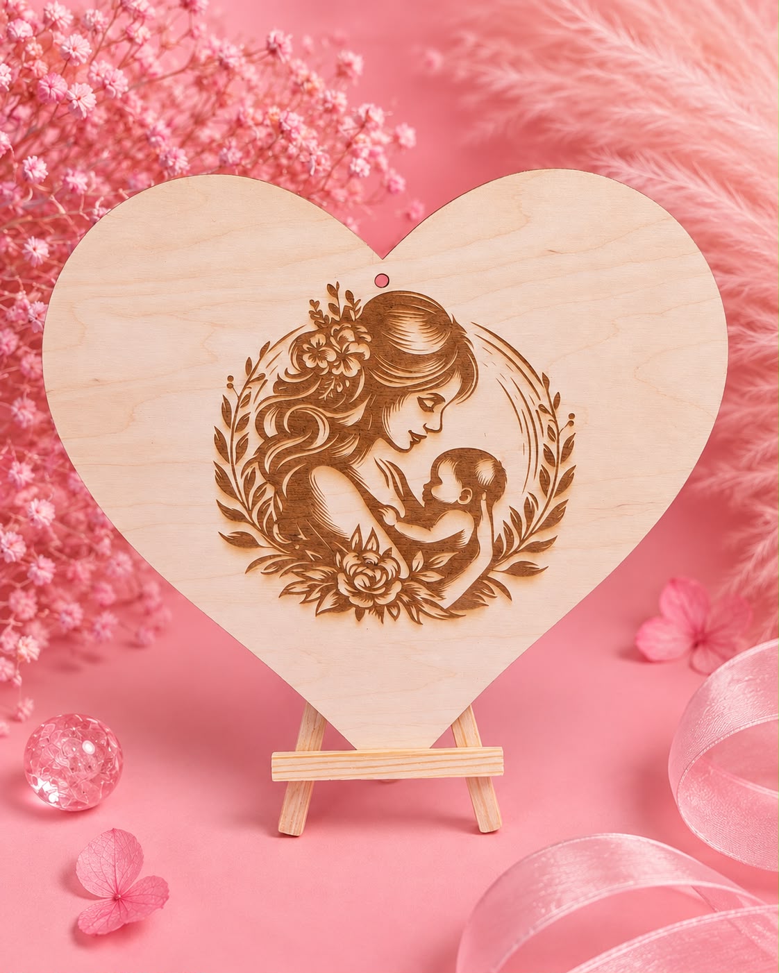 🌸Plaque cœur en bois gravée – Maman & bébé🌸
