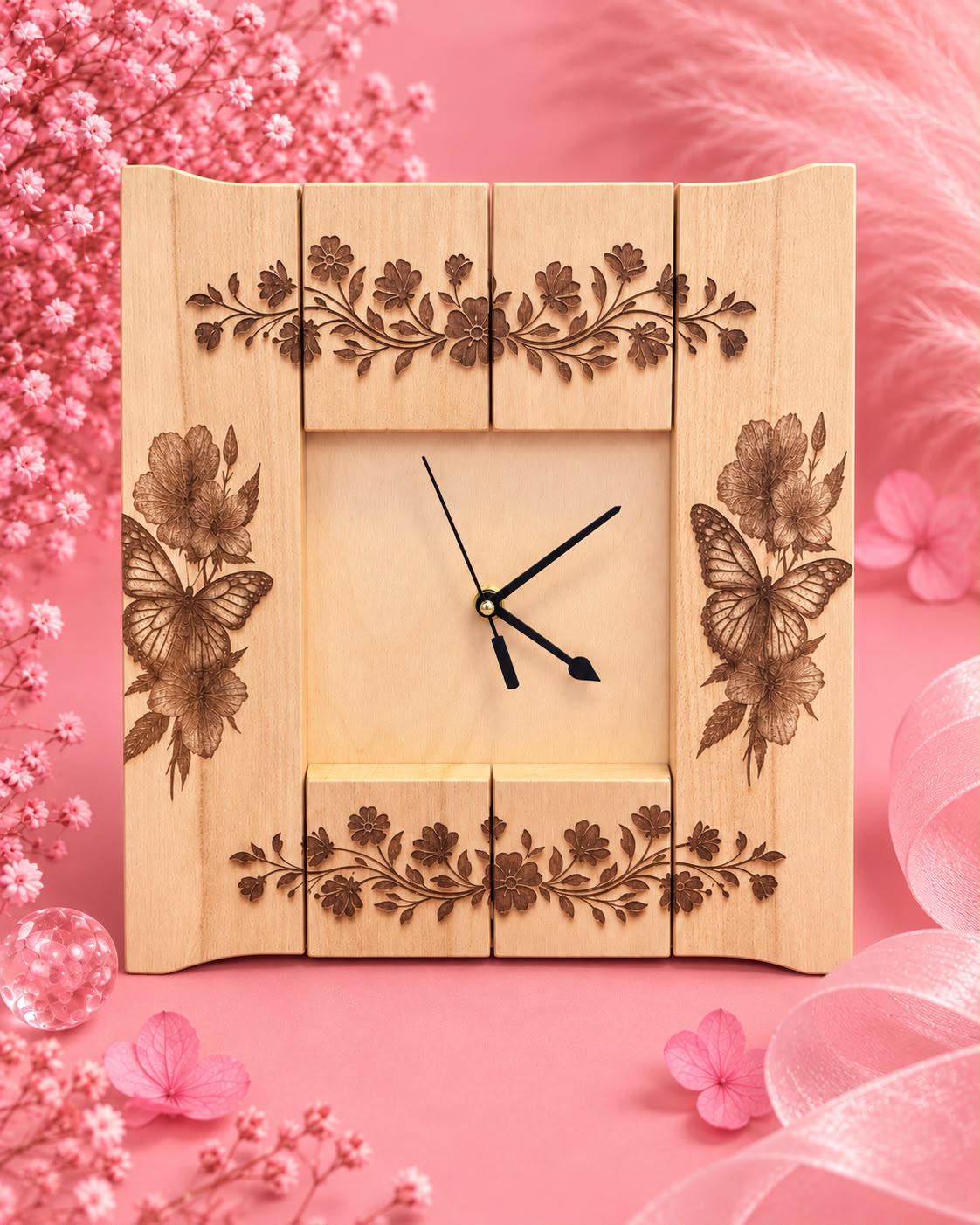 🌸🦋Horloge artisanale en bois gravée au laser – Fleurs & Papillons🌸🦋