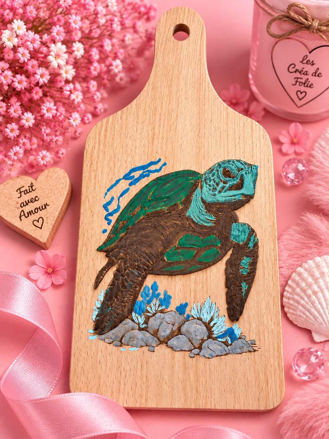 🐢 Planche décorative gravée et peinte à la main🌸